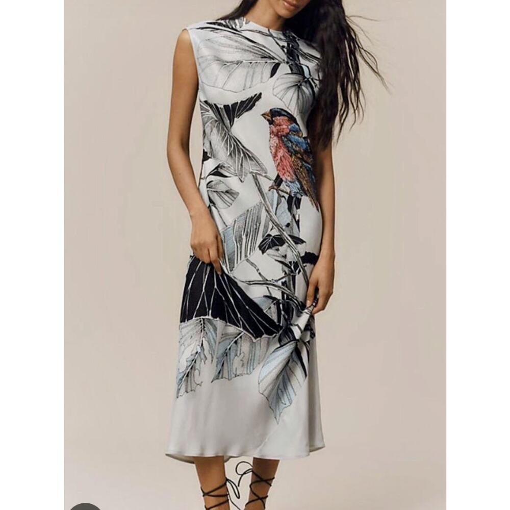 Maeve Anthropologie Bird Tropical Print Mock Neck Midi Slip Dress NWT Size S